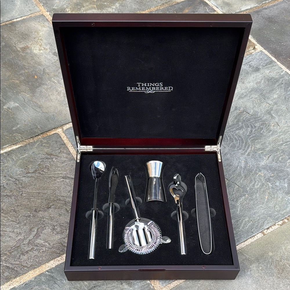 NWOT Things Remembered Bar Tool Set in Wooden Decorative Box